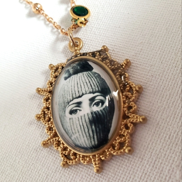 NWT ANTIQUE ART PENDANT NECKLACE GOLD FORNASETTI 18in EVIL EYE PROTECTION CHARM - Picture 1 of 6